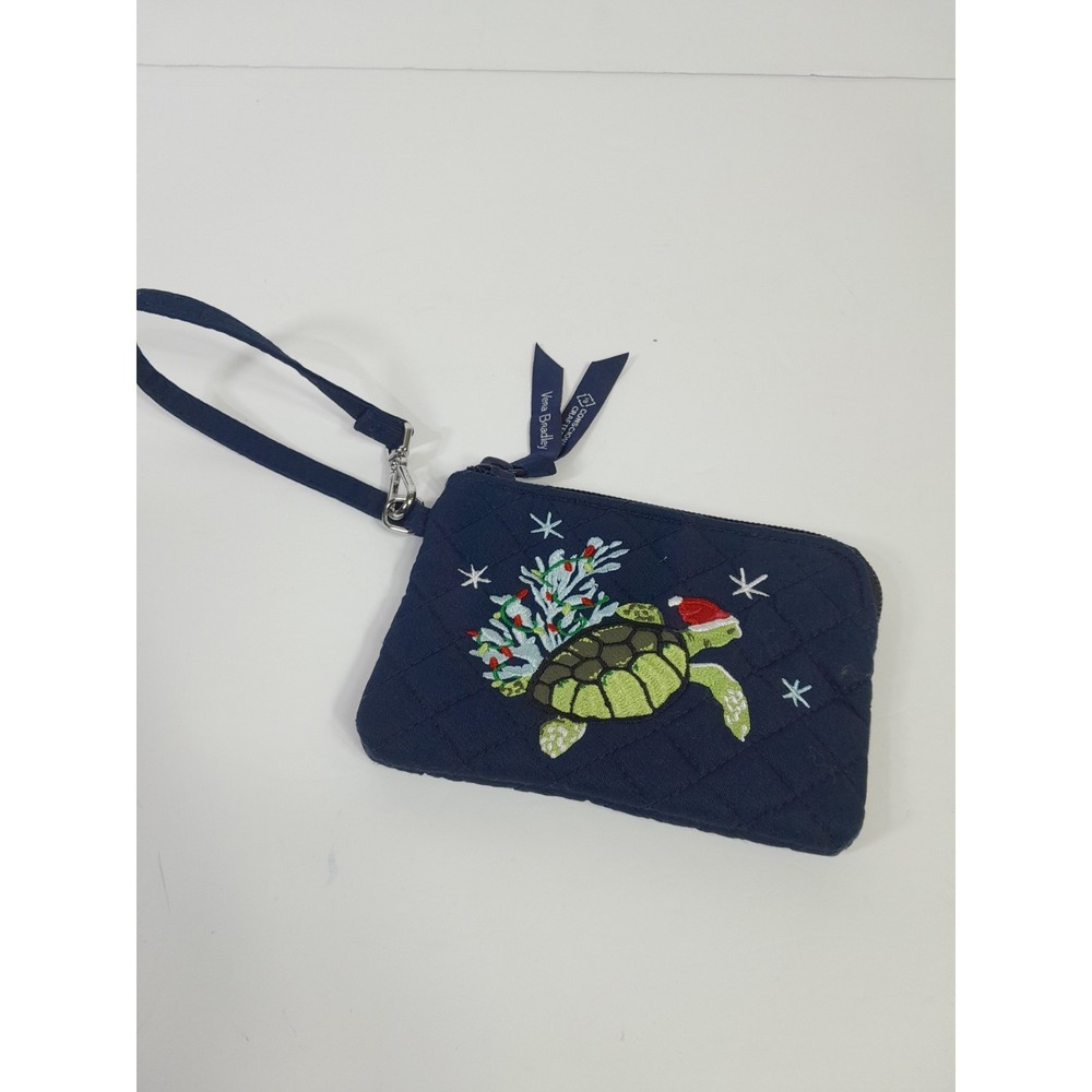 Vera Bradley Quilted Blue Wristlet Pouch Embroidered Santa Turtle